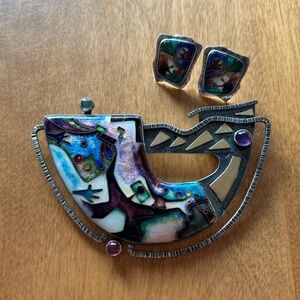 C.R. Dunetz Cloisonné Pin/Brooch/Necklace & Earring Set Sterling and 18k. Signed